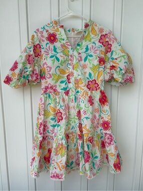 Fate White Floral Puff Sleeves Tiered Mini Dress 100% Cotton Small